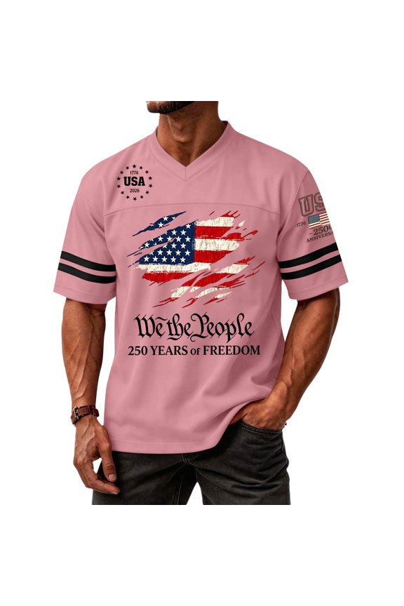 4th of July 250th Anniversary Patriotic Jersey Tee For Men USA Pride Flag Graphic V-Neck Short Sleeve Casual Top Pink S