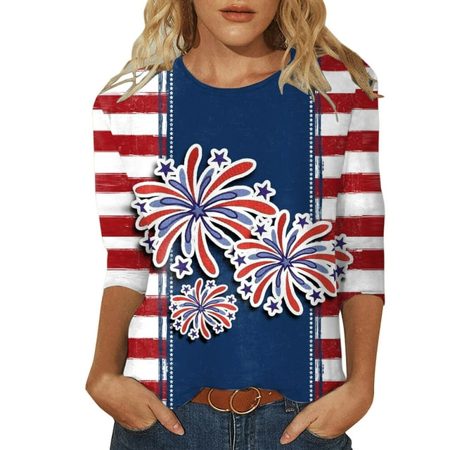 4th of July 3/4 Sleeve American Flag Shirt for Women Patriotic Shirt ...