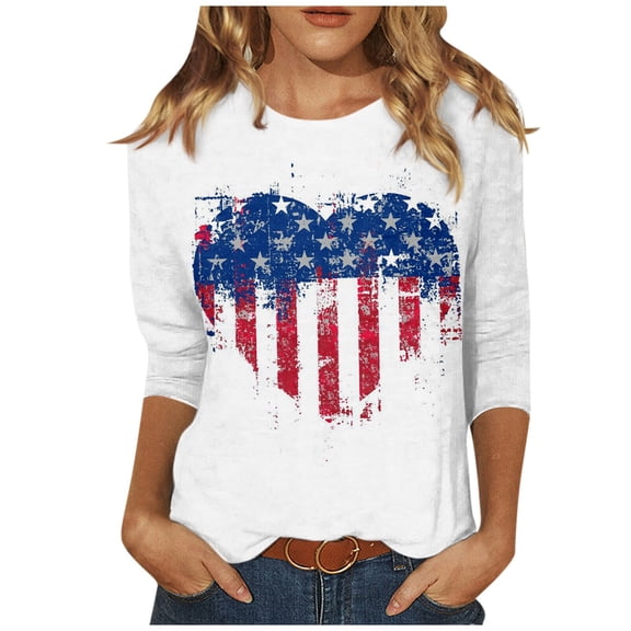4th of July 3/4 Sleeve American Flag Shirts for Women Stars Stripes USA Flag Patriotic Shirt Loose Patriotic T-Shirts Patriotic Tunic Tops