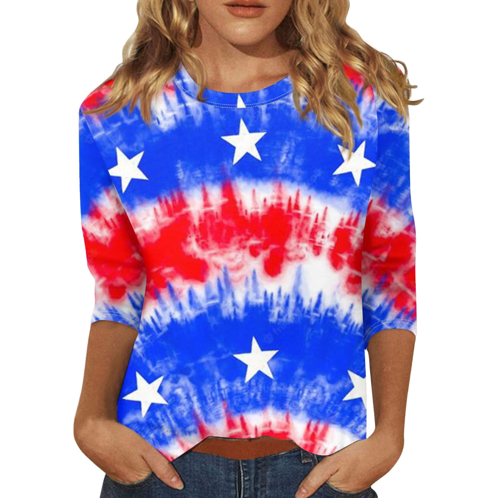 4th of July 3/4 Sleeve American Flag Shirts for Women Stars Stripes USA ...