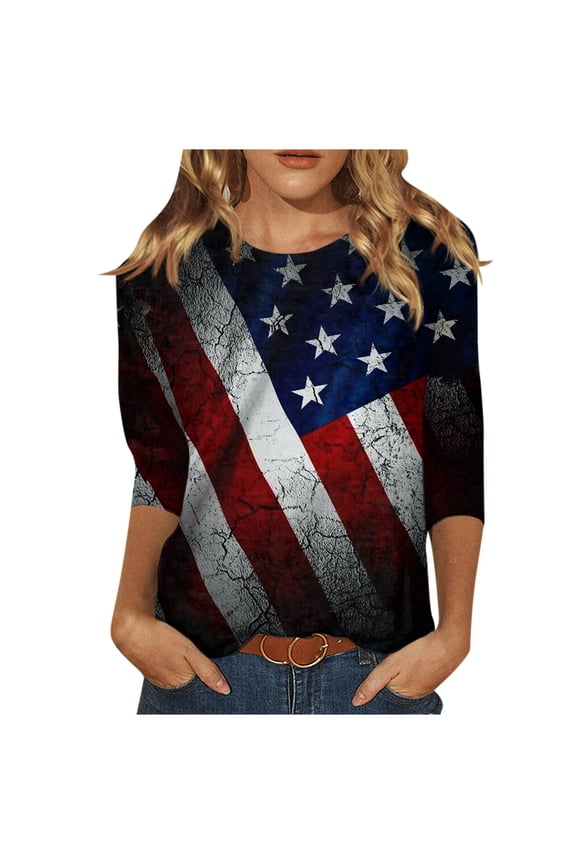 4th of July 3/4 Sleeve Shirt for Women Independence Day Patriotic Shirt USA Flag T-Shirt Cute Graphic Tees USA Flag Patriotic Tshirts Tunic Tops