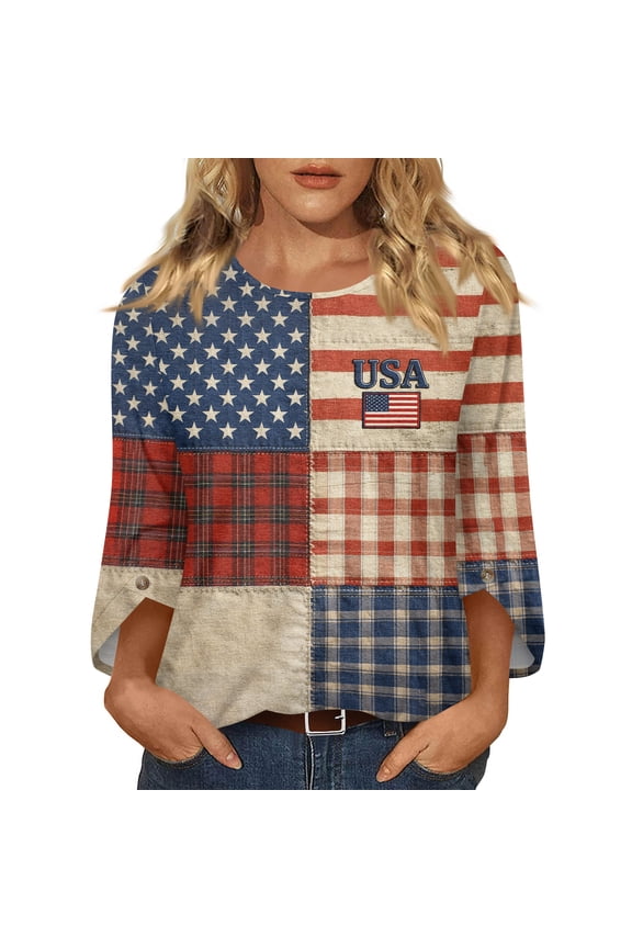 4th of July 3/4 Sleeve Tops for Women, 250th Anniversary USA Shirt Women, Summer Boho America Flag Print Crew Neck Blouses