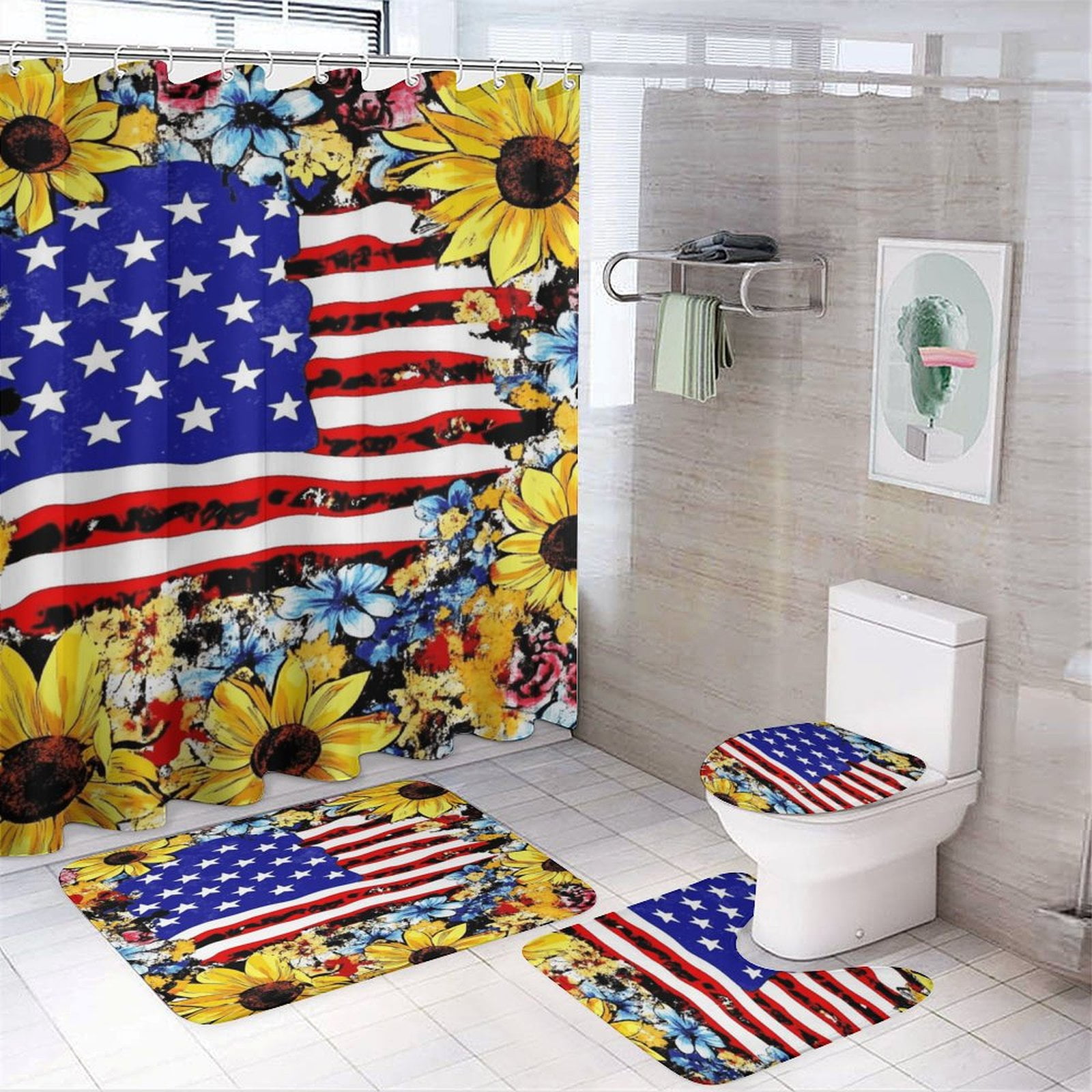 4th of July 4 Pcs Shower Curtain Set with Rug Bathroom Sets with Waterproof Fabric And Non-Slip Rugs Toilet Lid Cover Bath Mat Decor with Hooks