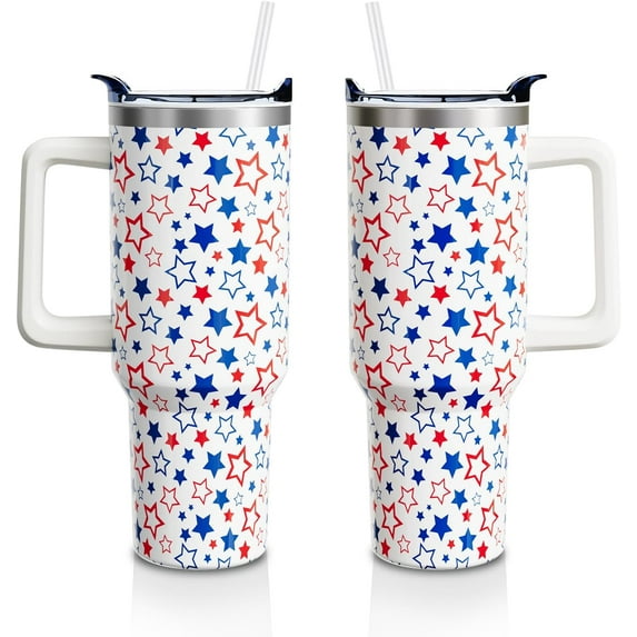 4th of July 40oz Tumbler Cup with Handle and Straw, Red and Blue Stars Gifts for Women Men, Patriotic Stainless Steel Insulated Water Bottle 1PC