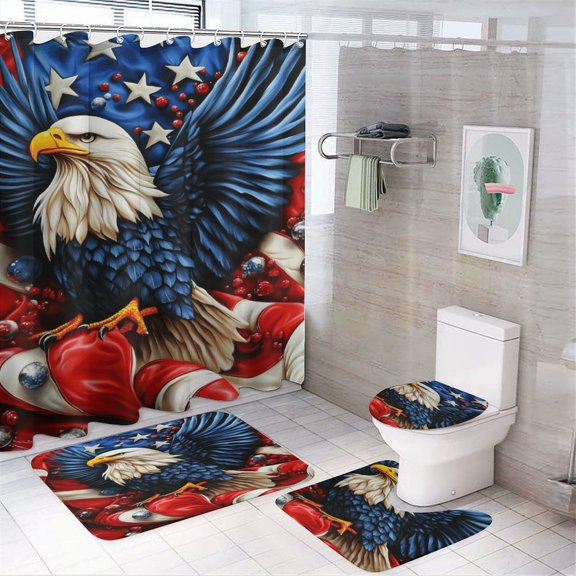 4th of July 4PCS Shower Curtain Sets with Rugs with Non-Slip Bath Mat Toilet Rug,72" X 72"