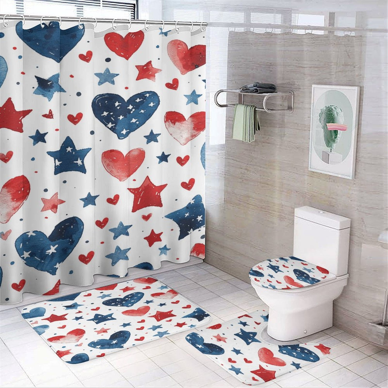 4th of July 4PCS Shower Curtain Sets with Rugs with Non-Slip Bath Mat Toilet Rug，72" X 72"