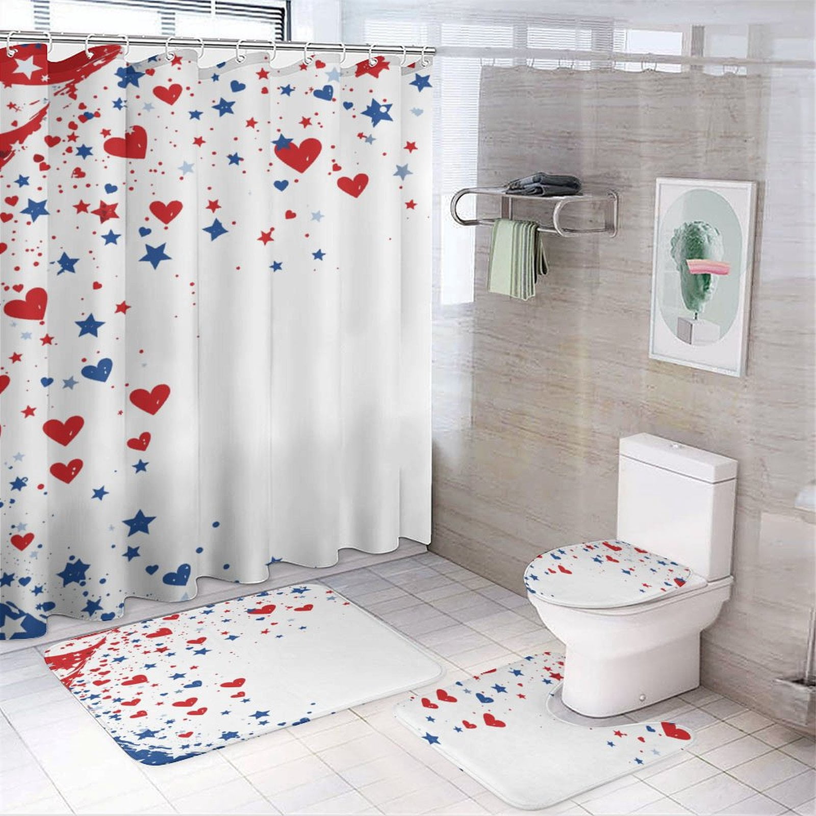 4th of July 4PCS Shower Curtain Sets with Rugs with Non-Slip Bath Mat Toilet Rug，72" X 72"