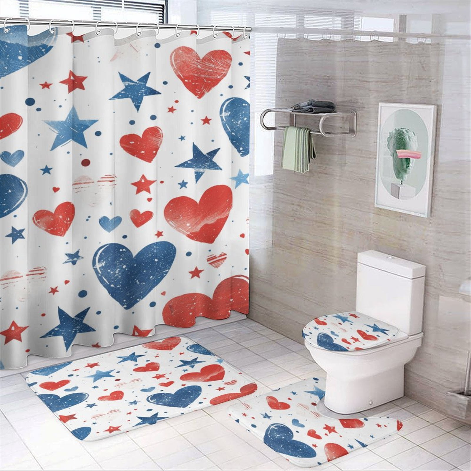 4th of July 4PCS Shower Curtain Sets with Rugs with Non-Slip Bath Mat Toilet Rug，72" X 72"