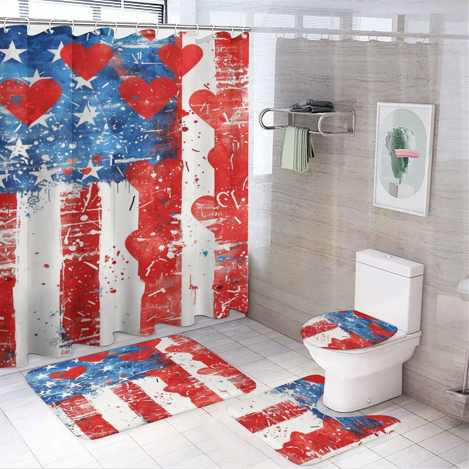 4th of July 4Pcs Shower Curtain Set Shower Curtain Set with Carpet Bath Mat