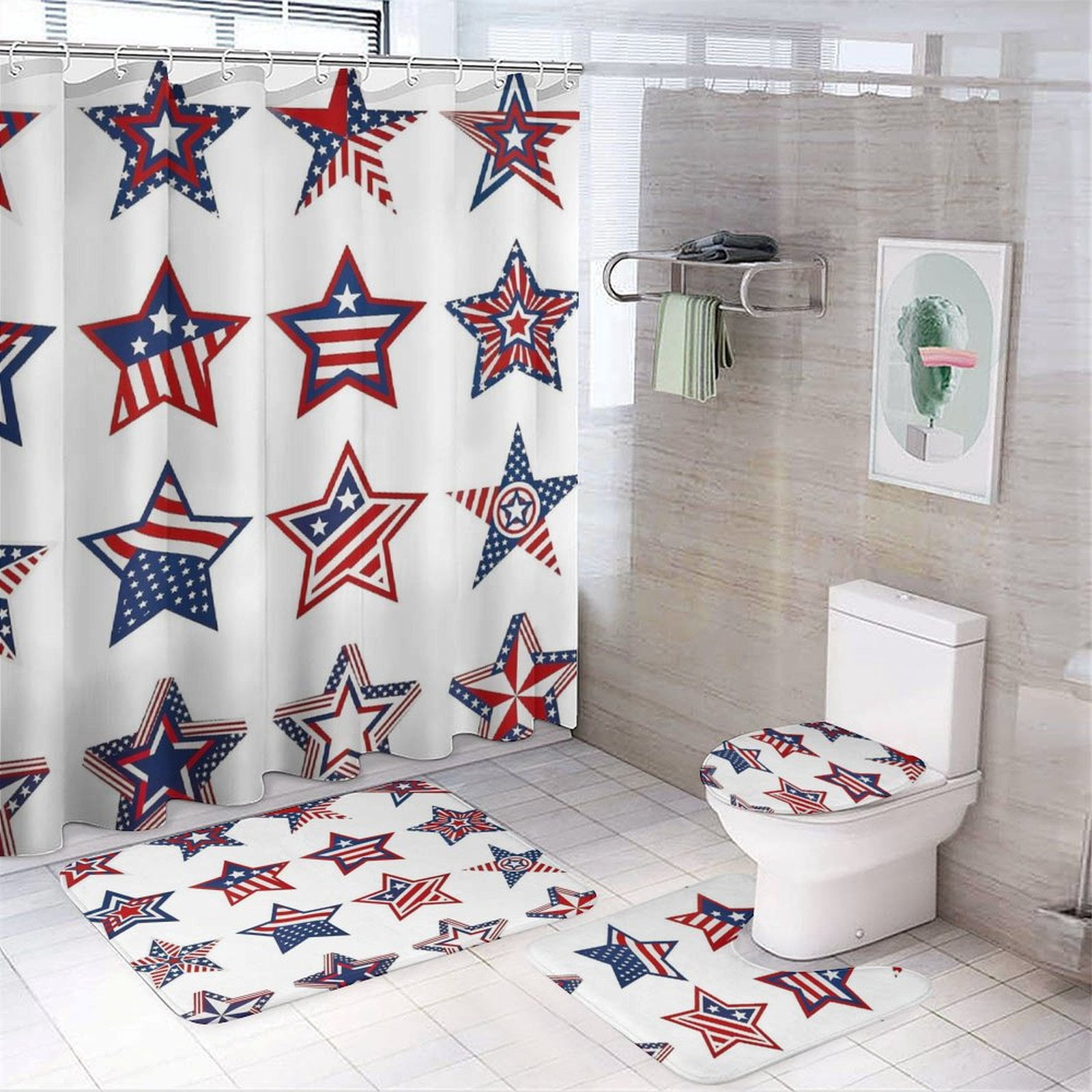 4th of July 4Pcs Shower Curtain Set Shower Curtain Set with Carpet Bath Mat