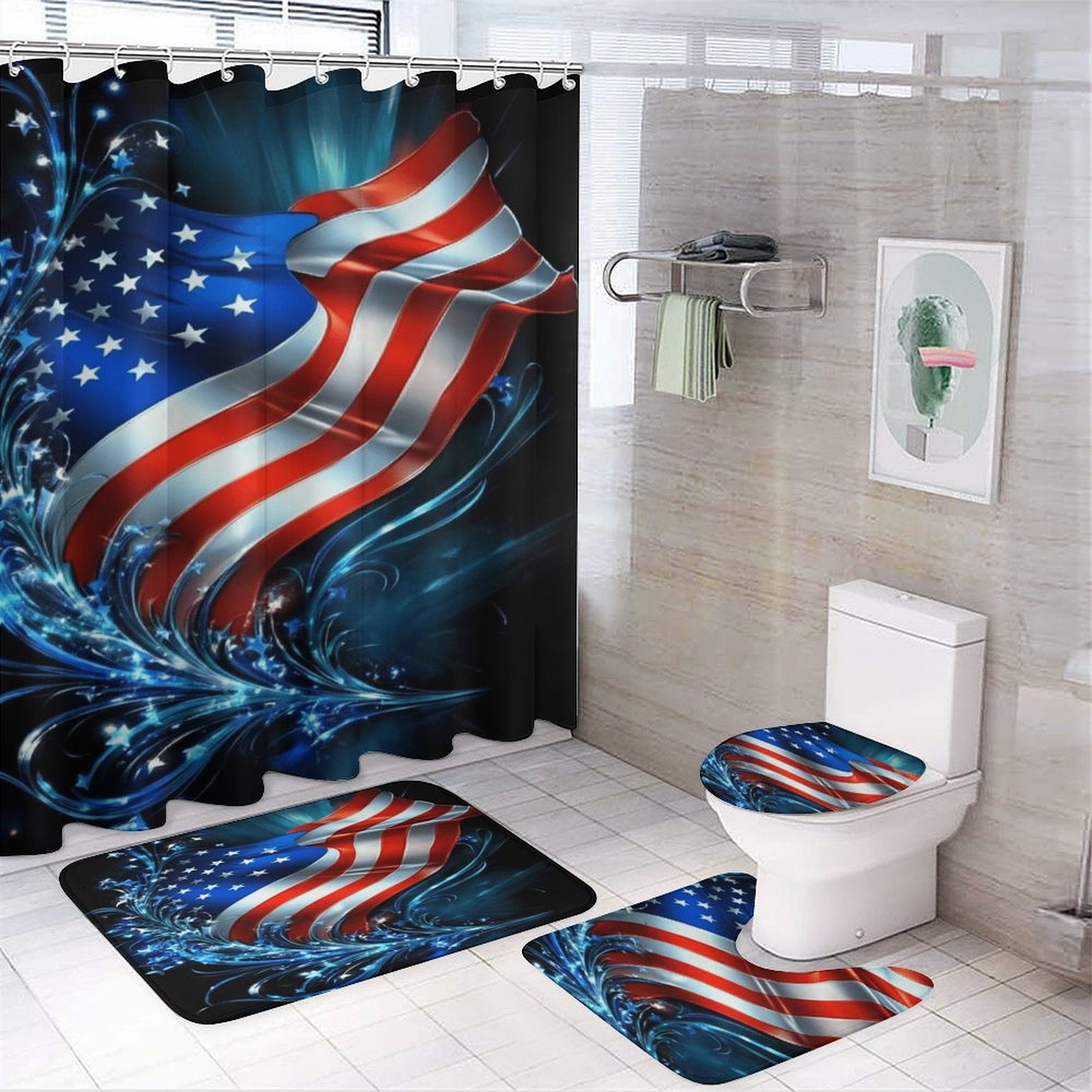 4th of July 4Pcs Shower Curtain Set Shower Curtain Set with Carpet Bath Mat