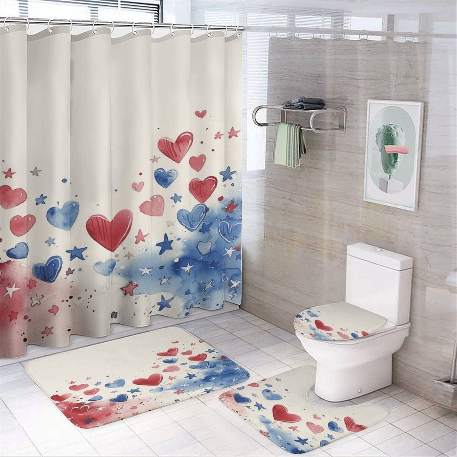 4th of July 4Pcs Shower Curtain Set Shower Curtain Set with Carpet Bath Mat