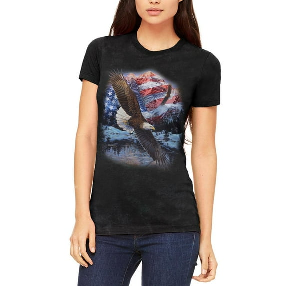 4th of July American Flag Bald Eagle Juniors Soft T Shirt Charcoal Black Triblend MD