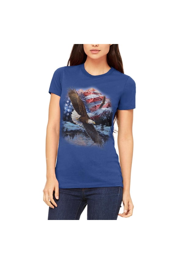 4th of July American Flag Bald Eagle Juniors Soft T Shirt Royal X-LG