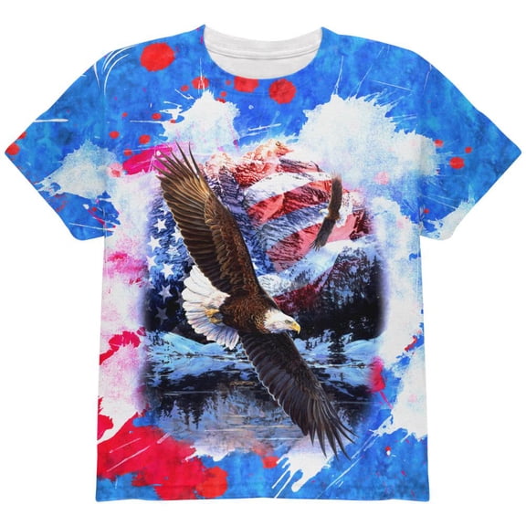 4th of July American Flag Bald Eagle Splatter All Over Youth T Shirt Multi YXL