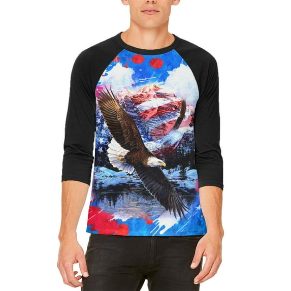4th of July American Flag Bald Eagle Splatter Mens Raglan T Shirt White-Black X-LG
