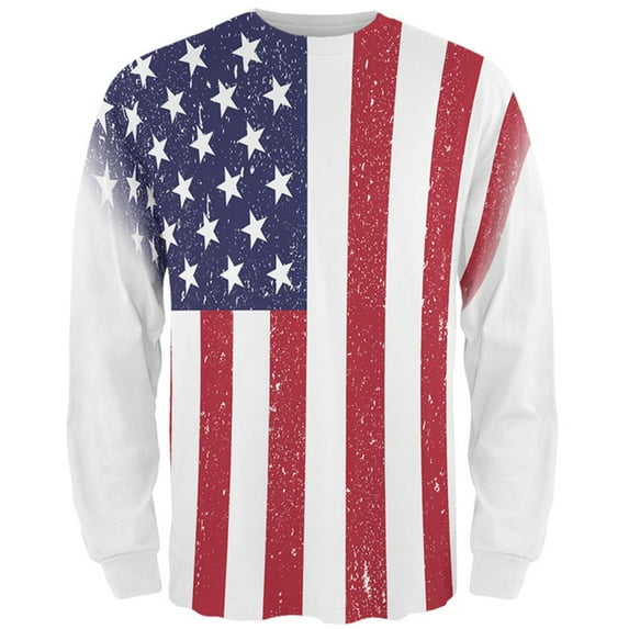 4th of July American Flag Distressed All Over Mens Long Sleeve T Shirt Multi MD