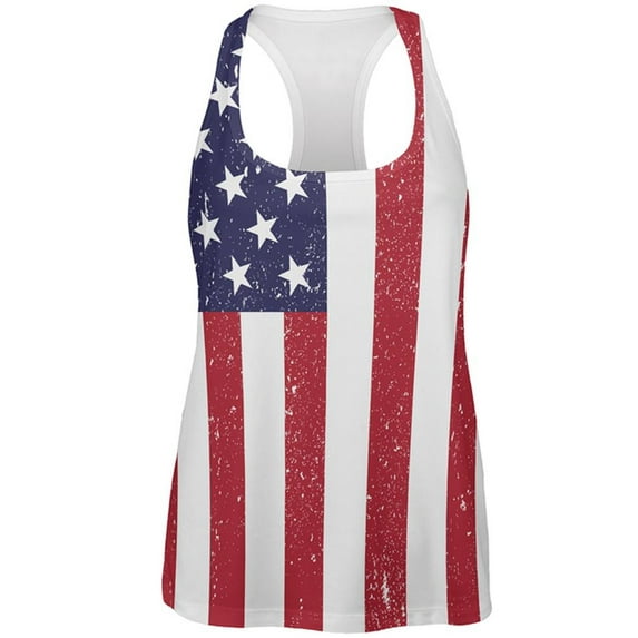 4th of July American Flag Distressed All Over Womens Work Out Tank Top - 2X-Large