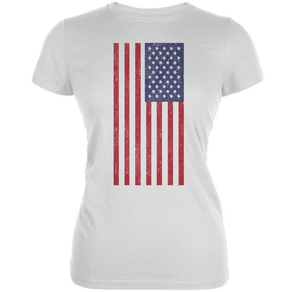 4th of July American Flag Distressed DTG White Juniors Soft T-Shirt - Large