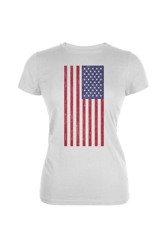 4th of July American Flag Distressed DTG White Juniors Soft T-Shirt - Small