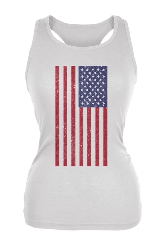 4th of July American Flag Distressed DTG White Juniors Soft Tank Top - Small