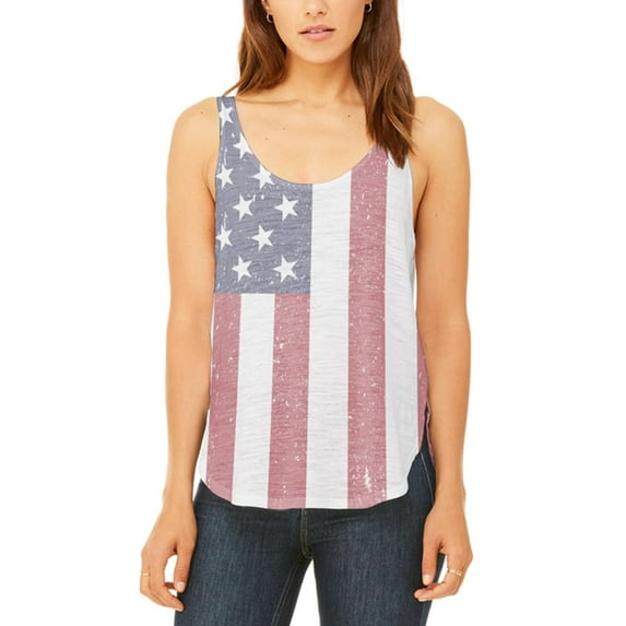 4th of July American Flag Distressed Juniors Flowy Side Slit Tank Top Multi MD