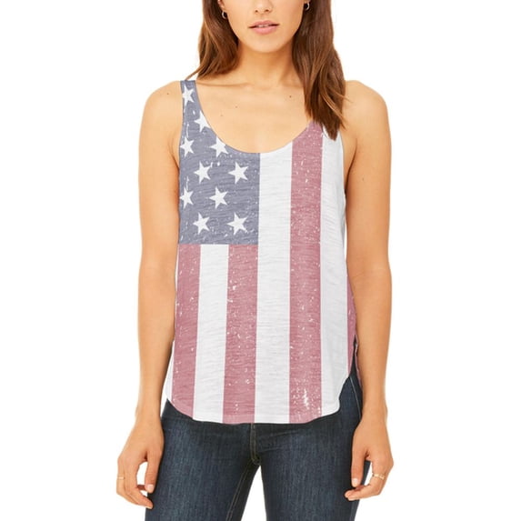 4th of July American Flag Distressed Juniors Flowy Side Slit Tank Top Multi SM