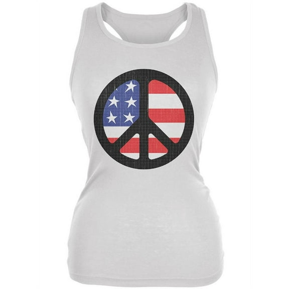 4th of July American Flag Peace Sign Distressed Halftone Juniors Soft Tank Top White SM