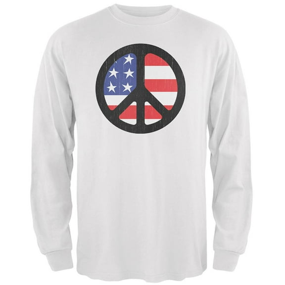4th of July American Flag Peace Sign Distressed Halftone Mens Long Sleeve T Shirt White LG