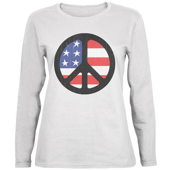 4th of July American Flag Peace Sign Distressed Ladies' Jersey Long-Sleeve Tee White LG