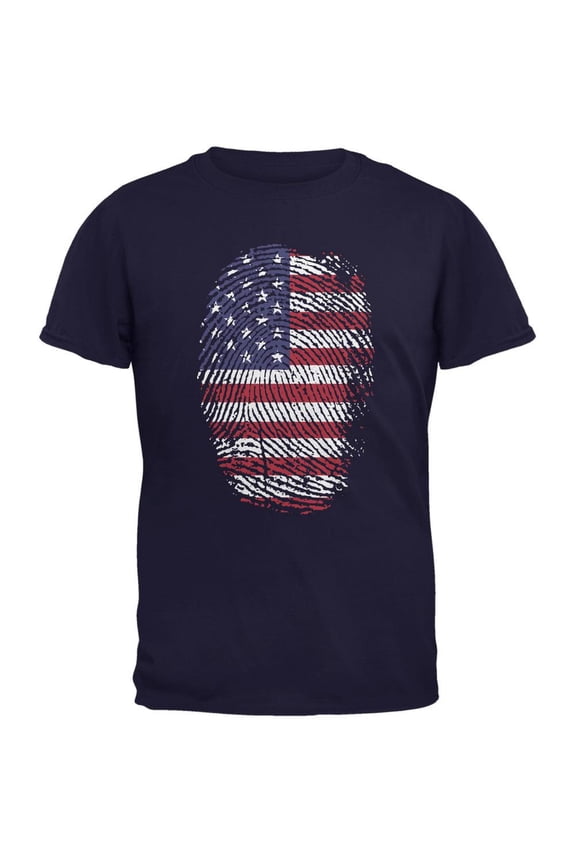 4th of July American Flag Pride Thumbprint Navy Adult T-Shirt - Small