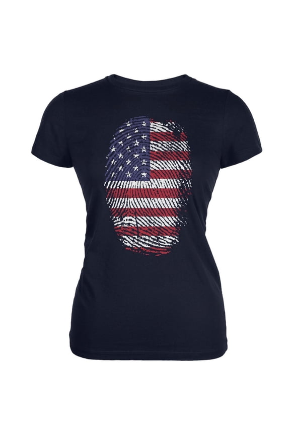 4th of July American Flag Pride Thumbprint Navy Juniors Soft T-Shirt - Medium
