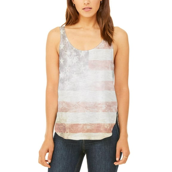 4th of July American Flag Star Spangled Banner Juniors Flowy Side Slit Tank Top Multi LG