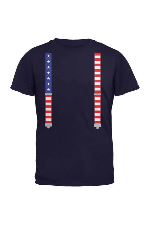 4th of July American Flag Suspenders Navy Adult T-Shirt - Medium