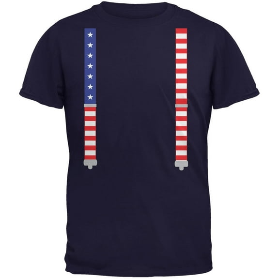 4th of July American Flag Suspenders Navy Adult T-Shirt - Small