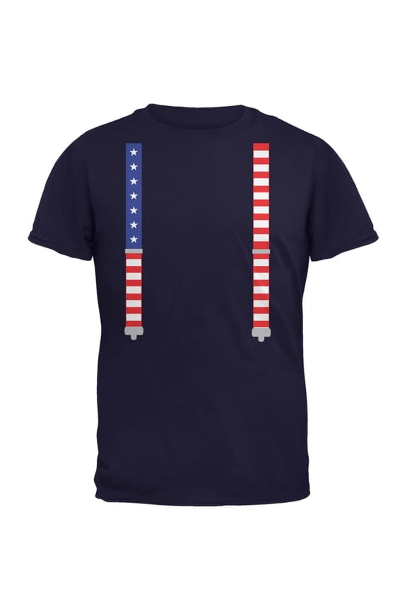 4th of July American Flag Suspenders Navy Youth T-Shirt - Youth Large