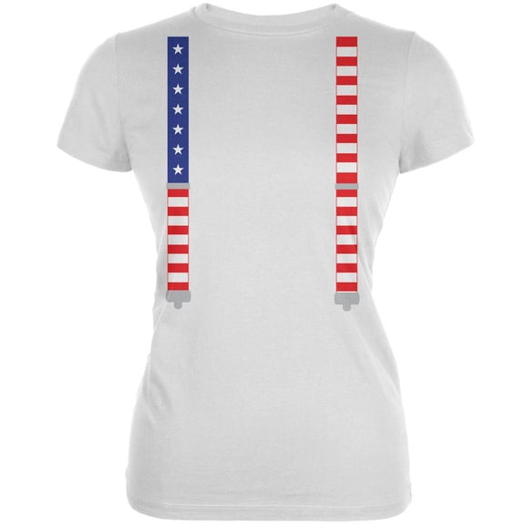 4th of July American Flag Suspenders White Juniors Soft T-Shirt - Small