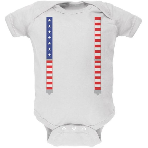4th of July American Flag Suspenders White Soft Baby One Piece - 18-24 months