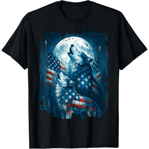4th of July American Flag Wolf Howling Moon Wolves July 4th Mens T-Shirt