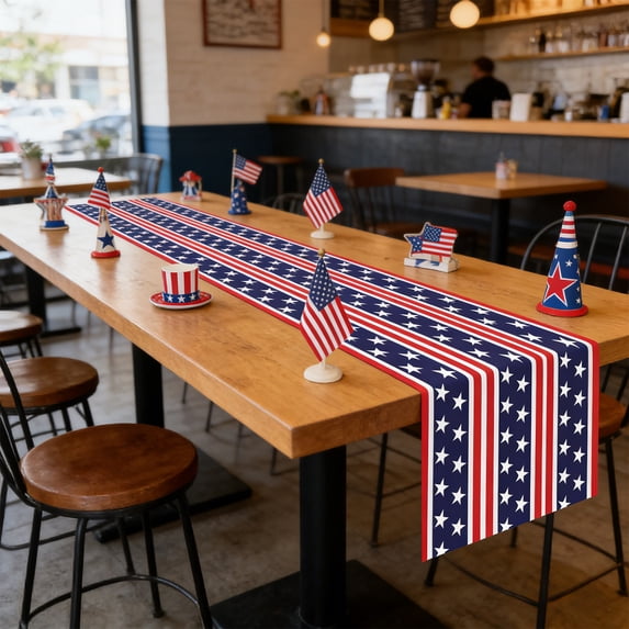 4th of July American Patriotic Table Runner, Checkered and Star Design, 33x183cm Holiday Table Decor for Independence Day Party