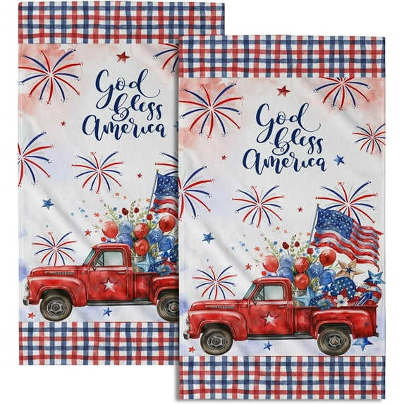4th of July American Truck Hand Towels Set of 2 Independence Day Bath Towels Soft Absorbent Patriotic Holiday Decorative Fingertip Towels