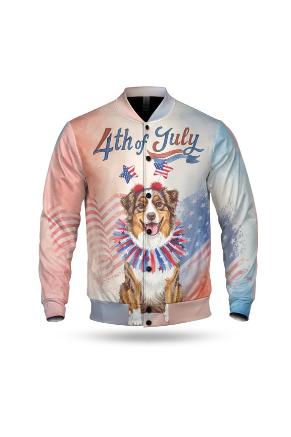 4th of July Australian Shepherd Celebrates Independence Day All Over Print 3D Baseball Jacket Aussie Dog Lover Gifts Bomber Jacket Softball - 12010