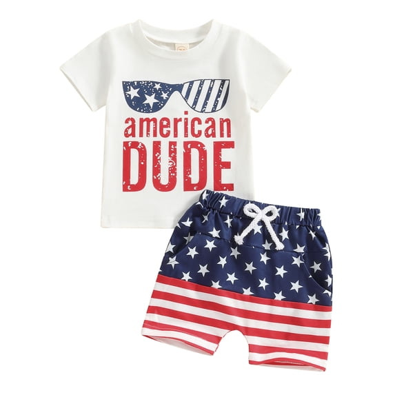 4th of July Baby Boy Outfit Short Sleeve T-shirt Top American Flag Stripe Stars Shorts Set Toddler Independence Day Clothes