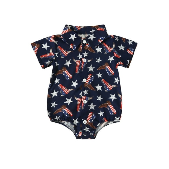 4th of July Baby Boy Western Clothes Cow Print Short Sleeve Button Down Shirt Romper Onesie Bodysuit Patriotic Outfit
