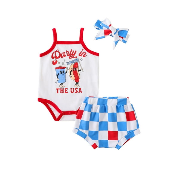 4th of July Baby Girl Clothes USA Sleeveless Strap Romper Tank Top Checkerboard Shorts with Headband 3Pcs Memorial Day Outfit