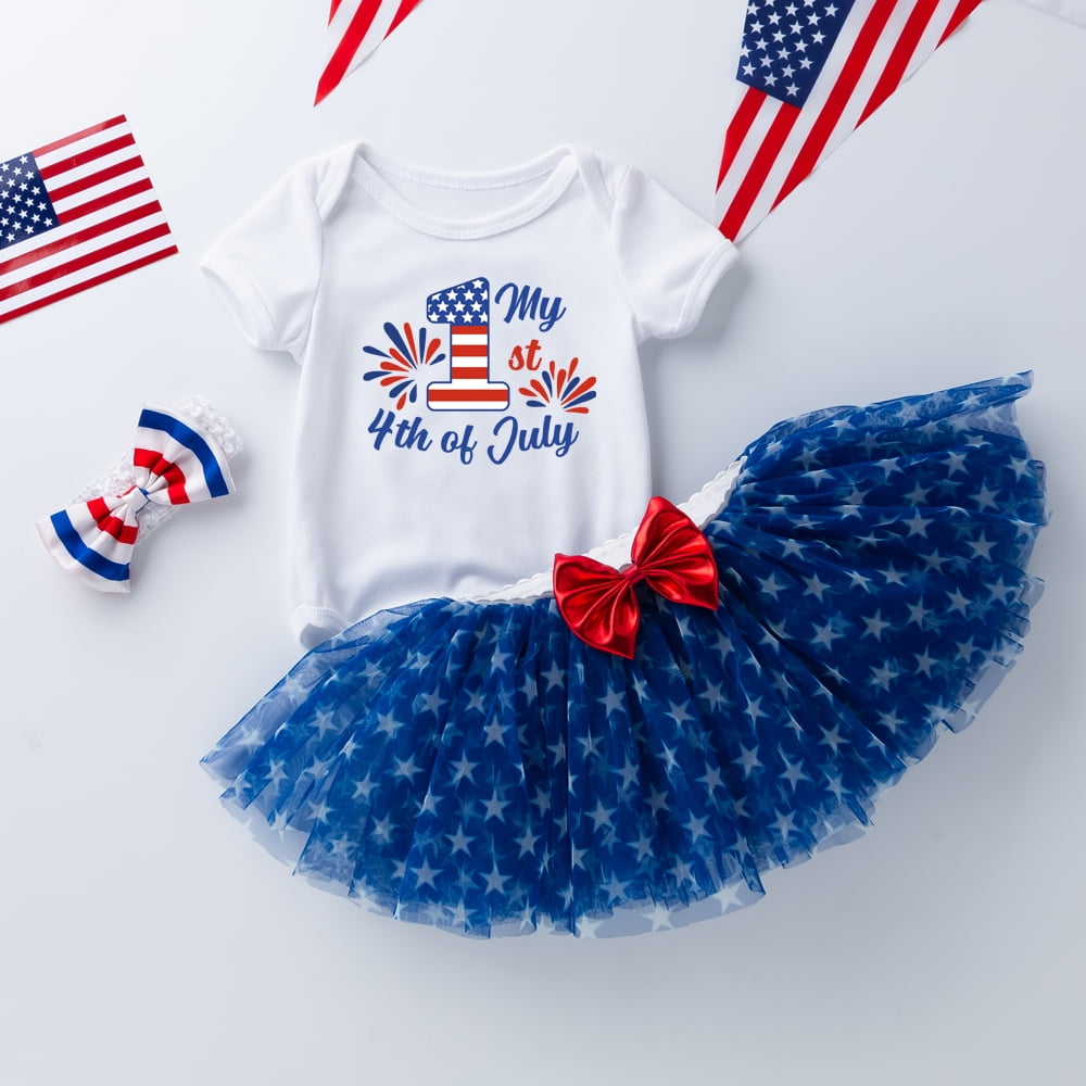 4th of July Baby Girl Outfit-Short Sleeve Romper Tutu Skirt Headband Clothes Set 3Pcs