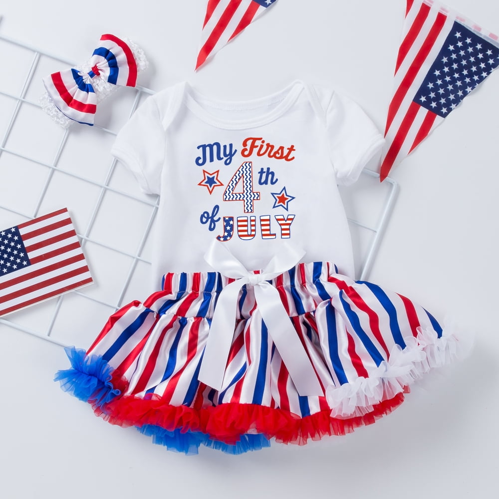 4th of July Baby Girl Outfit-Short Sleeve Romper Tutu Skirt Headband Clothes Set 3Pcs