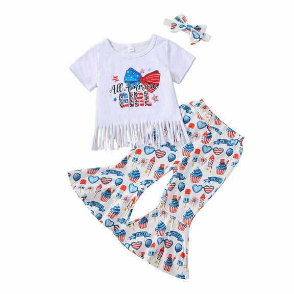 4th of July Baby Girl Outfit Toddler Memorial Day Clothes Tassels T-Shirt Top American Flag Shorts with Headband