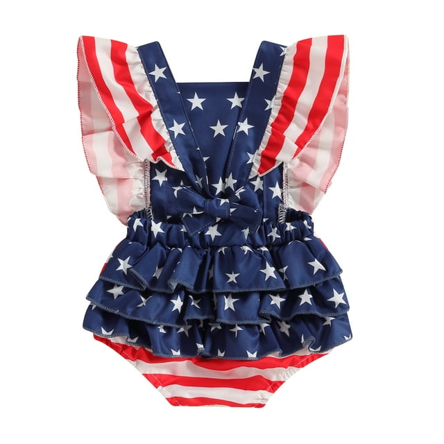 4th of July Baby Girls Rompers Stripe Stars Print Ruffles Fly Sleeve ...