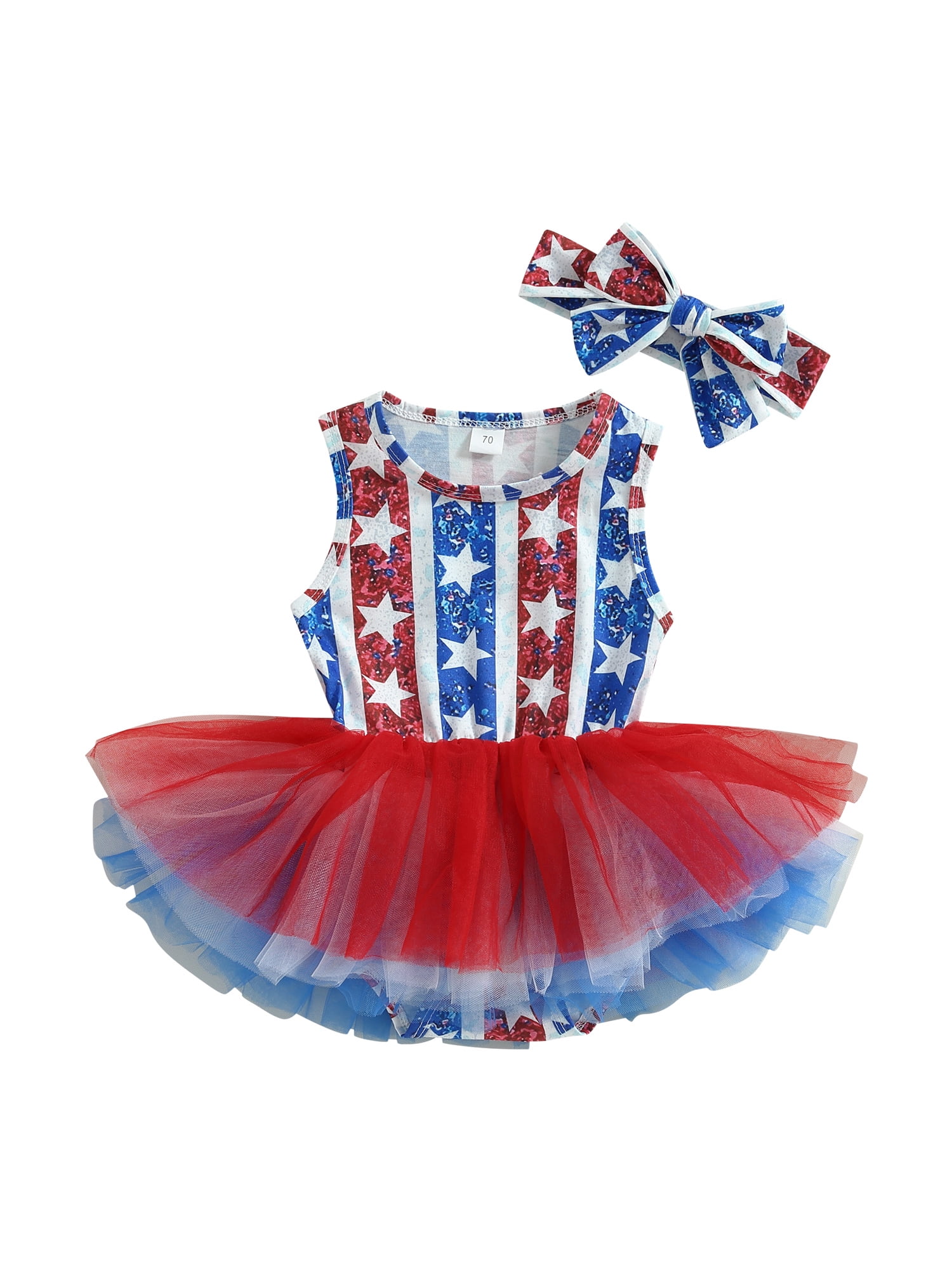 Baby Girl 4th Of July Outfit - Floral American Flag Romper + Headband Set, Sleeveless Smocked Bodysuit